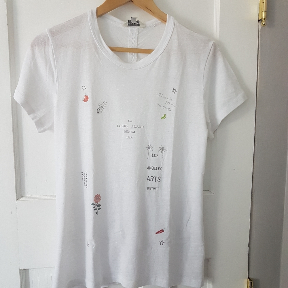 Lucky Brand Vintage Y2K Crewneck Novelty Print Split Back Hem Tee White Sz S